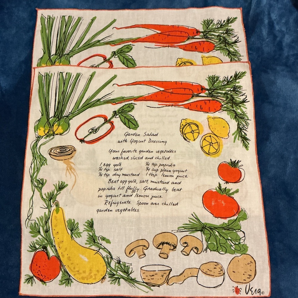 Vintage Vera Neumann "Garden Salad" Recipe Linen MCM Kitchen Napkins Set Of 2